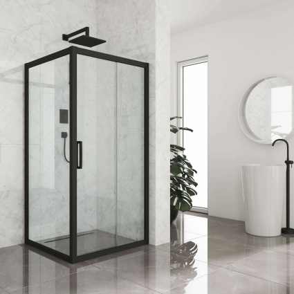 Душевой уголок Kubele DE019S-CLN-BLMT 115х115 см, профиль матовый черный, квадратный, двери раздвижные
