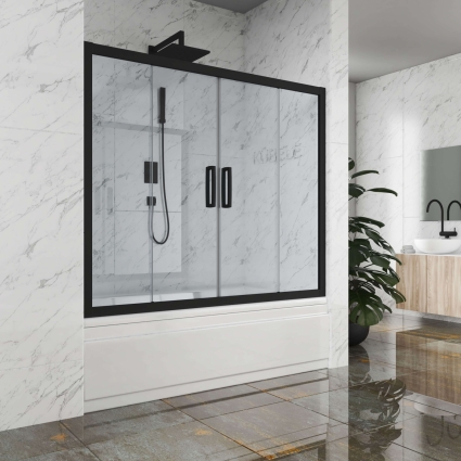 Шторка на ванну Kubele DE019P4-CLN-BLMT 155х150 см, профиль матовый черный, раздвижная