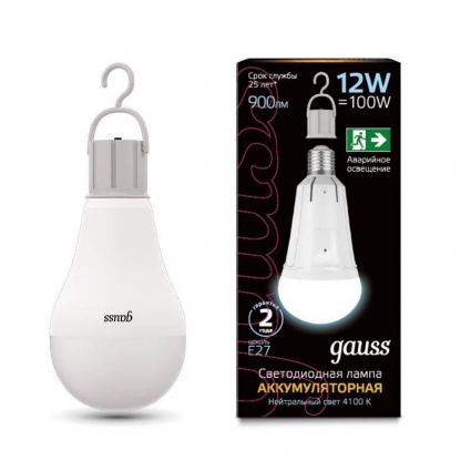 Лампа светодиодная аккумуляторная Gauss E27 12W 4100K матовая 102002212 цвет белый