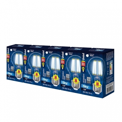 Лампа светодиодная филаментная Uniel E27 10W 4000K прозрачная LED-A60-10W/NW/E27/CL PLS02WH Набор из 5штук UL-00008082 цвет прозрачный