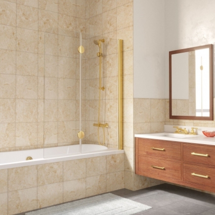 Шторка на ванну Vegas Glass E2V LUX 120 09 01 R профиль золото, стекло прозрачное, складная, правая
