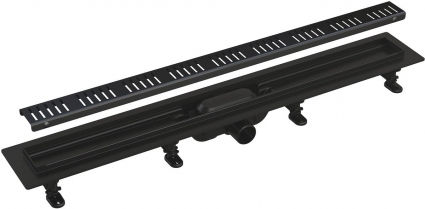 Душевой лоток AlcaPlast APZ10BLACK 750 с решеткой и опорами, в пол около стены, выпуск боковой