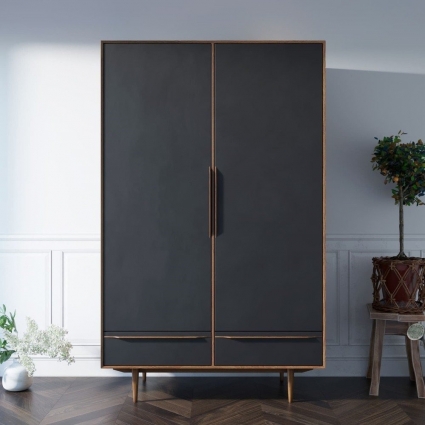 Шкаф двустворчатый Этажерка Bruni Black с двумя ящикам, 120x55x195 см,  стиль скандинавский