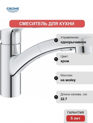 Смеситель Grohe Eurosmart 30305001 для кухонной мойки однорычажный, хром