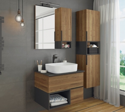 Мебель для ванной Comforty Штутгарт 75, дуб тёмно-коричневый, с черной столешницей, подвесная, фурнитура матовая черная
