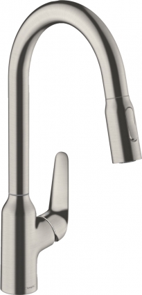 Смеситель Hansgrohe Focus M42 71800800 для кухонной мойки, сталь, однорычажный, высота излива 21.9 см