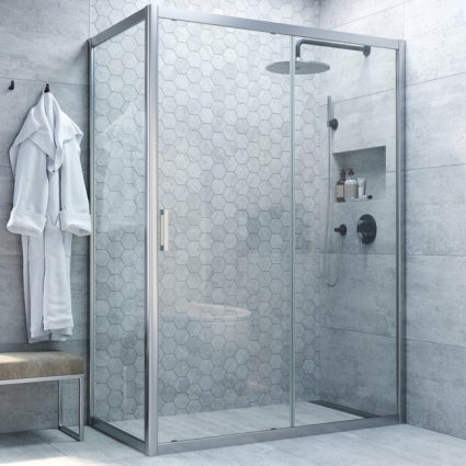 Душевой уголок Vegas Glass ZP+ZPV NOVO 130*90 07 01 профиль матовый хром, стекло прозрачное, прямоугольный, двери раздвижные