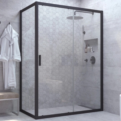 Душевой уголок Vegas Glass ZP+ZPV NOVO 130*80 02М 01 профиль черный матовый, стекло прозрачное, прямоугольный, двери раздвижные