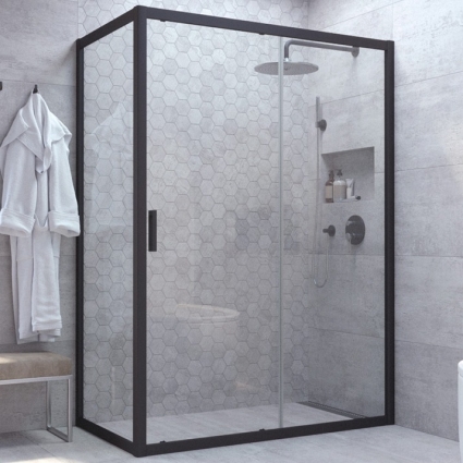 Душевой уголок Vegas Glass ZP+ZPV NOVO 100*90 02М 01 профиль черный матовый, стекло прозрачное, прямоугольный, двери раздвижные