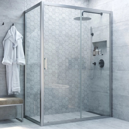 Душевой уголок Vegas Glass ZP+ZPV NOVO 100*80 07 01 профиль матовый хром, стекло прозрачное, прямоугольный, двери раздвижные