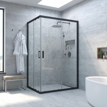 Душевой уголок Vegas Glass ZA-F Novo 120*110 02М 01 профиль черный матовый, стекло прозрачное, прямоугольный, двери раздвижные
