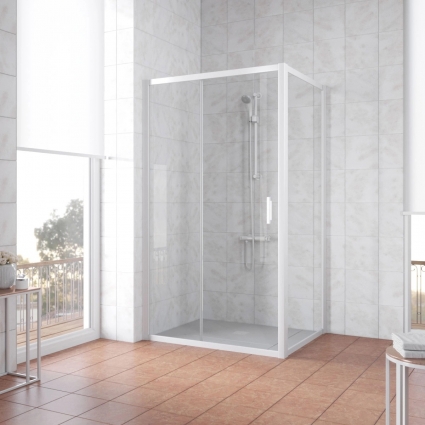 Душевой уголок Vegas Glass ZP+ZPV NOVO 100*80 01 01 профиль белый, стекло прозрачное, прямоугольный, двери раздвижные