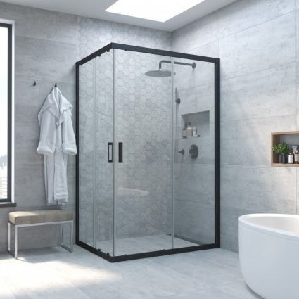 Душевой уголок Vegas Glass ZA-F Novo 90*80 02М 01 профиль черный матовый, стекло прозрачное, прямоугольный, двери раздвижные
