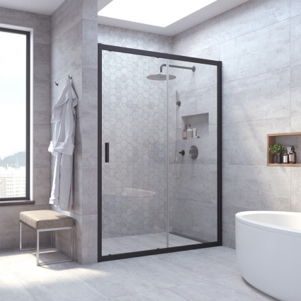 Душевая дверь в нишу Vegas Glass ZP NOVO 155 02М 01 155 см, профиль матовый черный, стекло прозрачное, раздвижная
