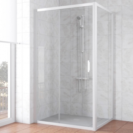 Душевой уголок Vegas Glass ZP+ZPV NOVO 130*100 01 01 профиль белый, стекло прозрачное, прямоугольный, двери раздвижные