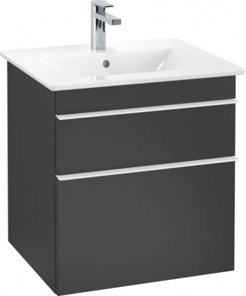 Тумба для комплекта Villeroy & Boch Venticello 55 black matt lacquer, с белыми ручками, подвесная, с ящиками