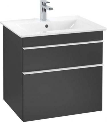 Тумба для комплекта Villeroy & Boch Venticello 60 black matt lacquer, с белыми ручками, подвесная, с ящиками