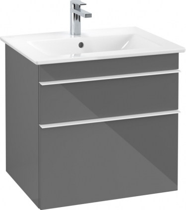 Тумба для комплекта Villeroy & Boch Venticello 60 glossy grey, с белыми ручками, подвесная, с ящиками