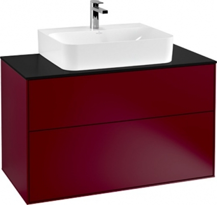 Тумба для комплекта Villeroy & Boch Finion 100 peony matt lacquer, glass black matt, с настенным освещением, подвесная, с ящиками
