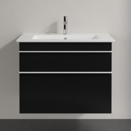Тумба для комплекта Villeroy & Boch Venticello 80 black matt lacquer, с белыми ручками, подвесная, с ящиками