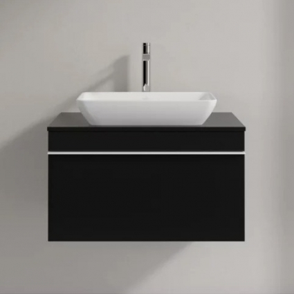 Тумба для комплекта Villeroy & Boch Venticello 75 black matt lacquer, с белой ручкой, подвесная, с ящиками