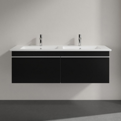 Тумба для комплекта Villeroy & Boch Venticello 125 black matt lacquer, с белыми ручками, подвесная, с ящиками