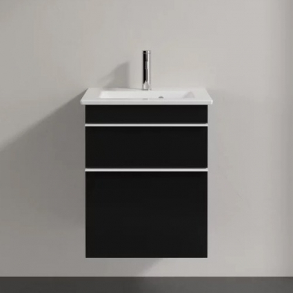 Тумба для комплекта Villeroy & Boch Venticello 46 black matt lacquer, с белыми ручками, подвесная, с ящиками