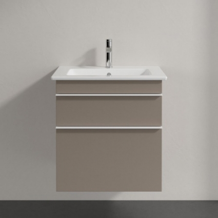 Тумба для комплекта Villeroy & Boch Venticello 55 truffle grey, с белыми ручками, подвесная, с ящиками