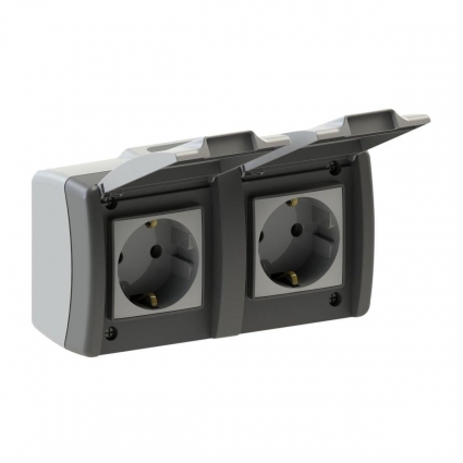 Розетка 2К+З двойная Mono Electric Octans IP54 16A 250V с крышкой винтовое подключение бело-серый 154-020007-120, в современном стиле, цвет серый