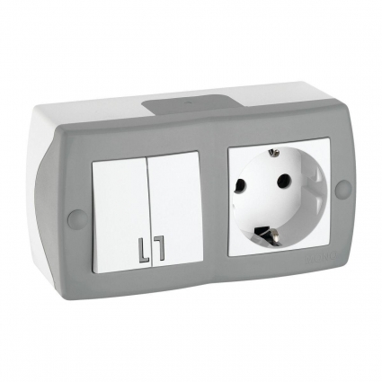 Выключатель - розетка Mono Electric Octans IP20 двухклавишный - 2К+З бело-серый 104-020001-181 в современном стиле, цвет серый