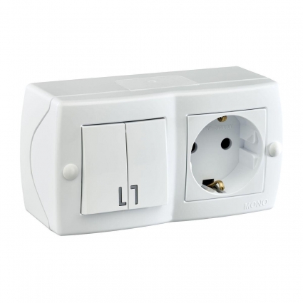Выключатель - розетка Mono Electric Octans IP20 двухклавишный - 2К+З белый 104-010101-181 в современном стиле, цвет белый