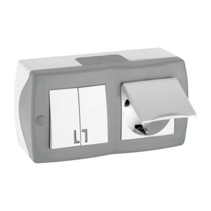 Выключатель - розетка Mono Electric Octans IP20 двухклавишный - 2К+З с крышкой бело-серый 104-020001-187, в современном стиле, цвет серый