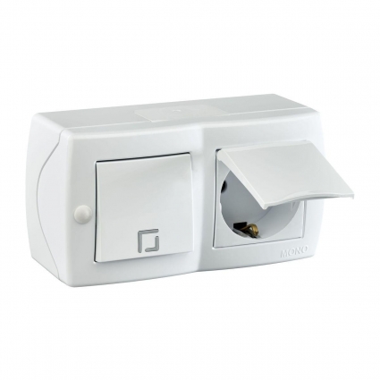 Выключатель - розетка Mono Electric Octans IP20 одноклавишный - 2К+З с крышкой белый 104-010101-183, в современном стиле, цвет белый