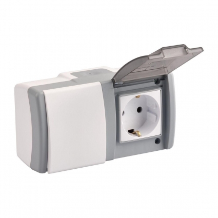 Выключатель - розетка Mono Electric Octans IP54 одноклавишный - 2К+З бело-серый 154-020001-180 в современном стиле, цвет серый