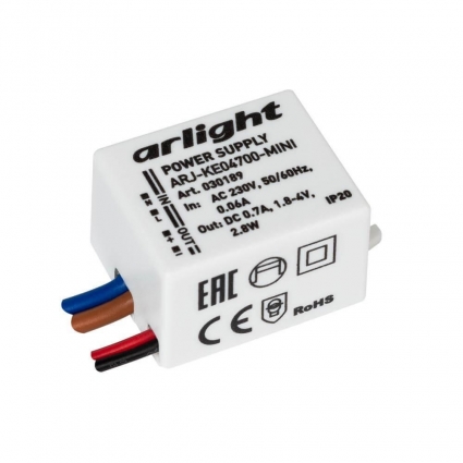 Драйвер Arlight ARJ-KE04700-Mini 1,8-4V 2,8W IP20 0,7A 030189, цвет белый, мощность 2.8 Вт