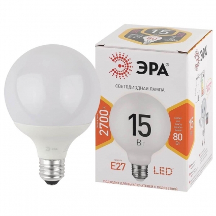 Лампа светодиодная ЭРА E27 15W 2700K матовая LED G90-15W-2700K-E27 Б0049077 цвет белый, мощность 6 Вт