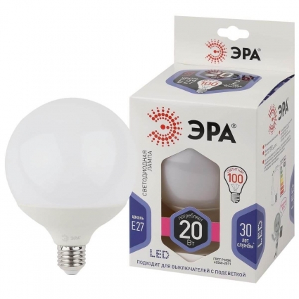 Лампа светодиодная ЭРА E27 20W 6000K матовая LED G120-20W-6000K-E27 Б0049082 цвет белый