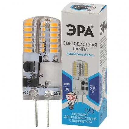 Лампа светодиодная ЭРА G4 2,5W 4000K прозрачная LED-JC-2,5W-12V-SLC-840-G4 Б0049090, цвет прозрачный, мощность 6 Вт