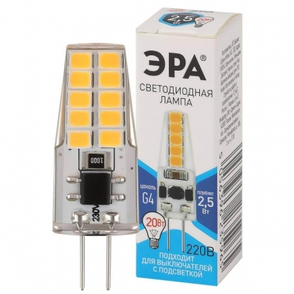Лампа светодиодная ЭРА G4 2,5W 4000K прозрачная LED-JC-2,5W-220V-SLC-840-G4 Б0049092, цвет прозрачный, мощность 6 Вт