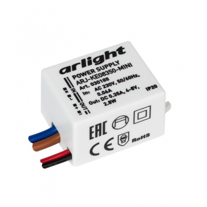 Драйвер Arlight ARJ-KE08350-Mini 4-8V 2,8W IP20 0,35A 030188, цвет белый, мощность 2.8 Вт