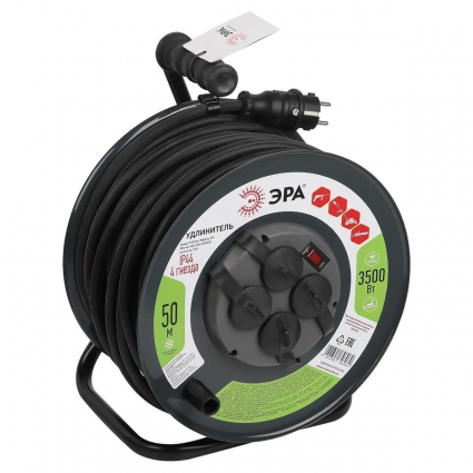 Удлинитель силовой ЭРА 4гн 50м с/з RMx-4es-3x2.5-50m-IP44(kg) Б0052919 цвет черный, мощность 3500 Вт