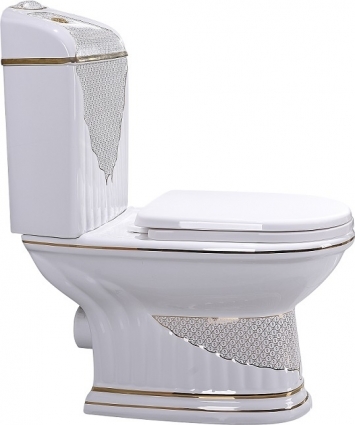 Унитаз компакт CeramaLux Lux Classic J-767 41 х 75 х 92 см ободковый, сиденье Soft Close, белый, золото, овальный, антивсплеск, 41x75 см