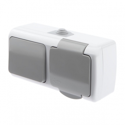 Блок розетка-выключатель ЭРА Intro Atlantic IP54 16/10A 250V с крышкой 5-701-03 Б0050947, в современном стиле, цвет серый