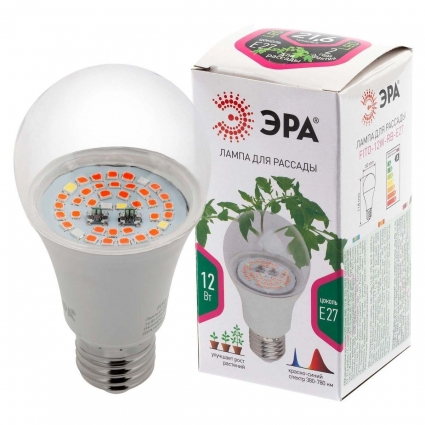 Лампа светодиодная для растений ЭРА E27 12W 1310K прозрачная Fito-12W-RB-E27 Б0050601 цвет прозрачный