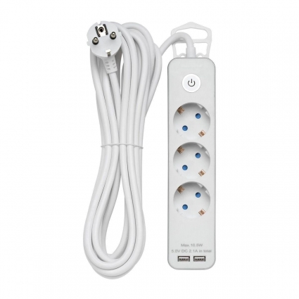 Удлинитель Duwi 2хUSB 3гн 5м с/з 32065 4 цвет белый, мощность 3680 Вт