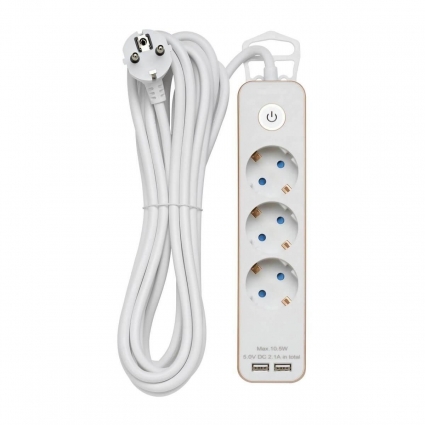 Удлинитель Duwi 2хUSB 3гн 5м с/з 32067 8 цвет белый, мощность 3680 Вт