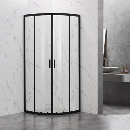 Душевой уголок Veconi Rovigo 90x90х190 профиль черный, стекло прозрачное, четверть круга, двери раздвижные