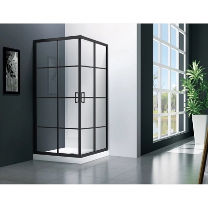Душевой уголок Veconi Rovigo 80x80х195 профиль черный, стекло прозрачное, квадратный, двери раздвижные