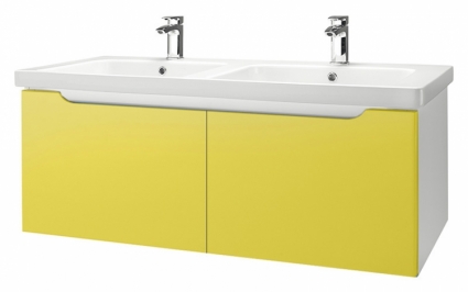 Тумба с раковиной Dreja Color 125 2 ящика желтый глянец, с двумя раковинами, подвесная