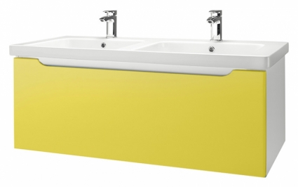 Тумба с раковиной Dreja Color 125 желтый глянец, с двумя раковинами, с ящиками